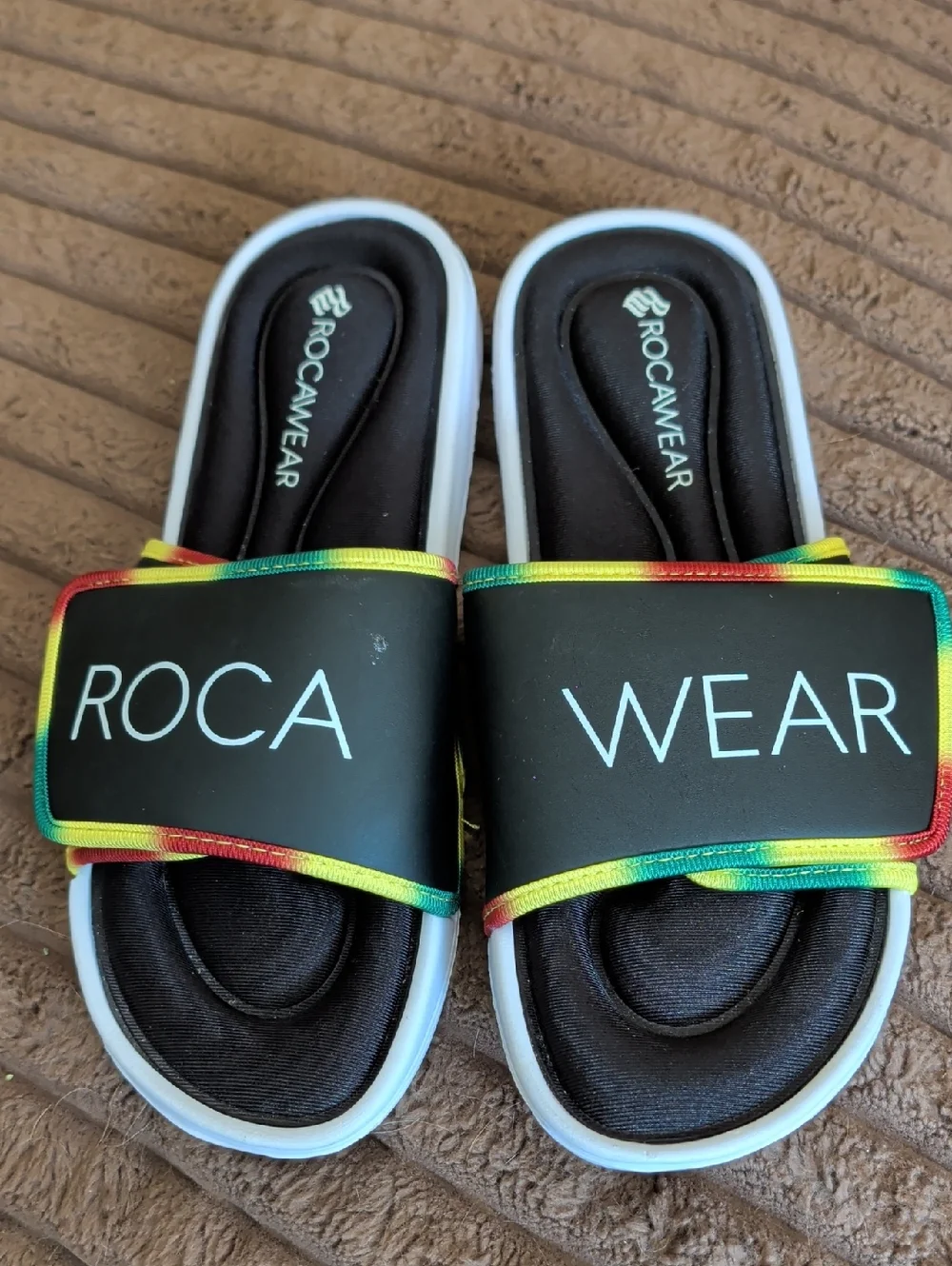 Rocawear Black Slide Sandals with Rainbow Trim